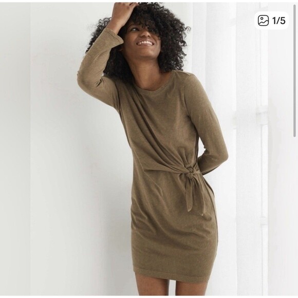 aerie Dresses & Skirts - Aerie Olive Green Cotton Tie Waist Long Sleeve Dress Size Small